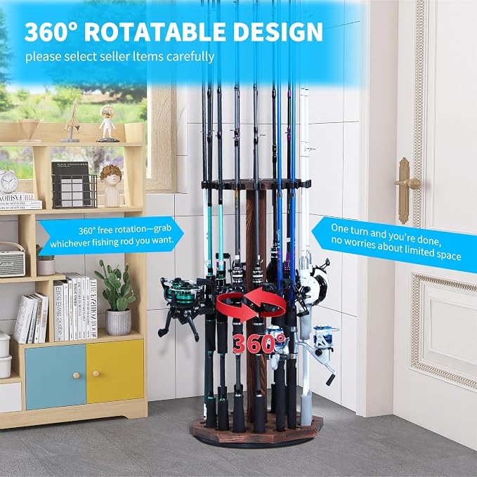 360° Rotating Natural Wood Fishing Rod Holder, Round Floor-Standing Fishing Rack Stores 16 Rods, Fishing Pole Storage Organizer for Garage, Basement, or Shed, Easy to Install