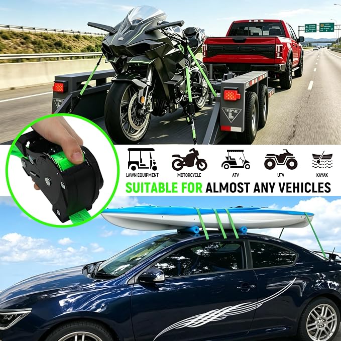 Retractable Ratchet Straps (Patented-4pack) - 1 inch x 10Feet (1,800lb Break Strength) Auto Self Retracting Tie Down Straps - Self Retractable Straps with Refletcive for Motorcyle, Truck or Cargo