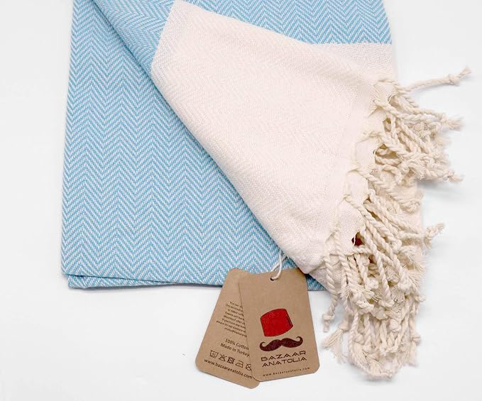 Bazaar Anatolia Turkish Beach Towel 100% Cotton Bath Towels 71x39 Quick Dry Sand Free Lightweight Large Oversized Herringbone Turquoise