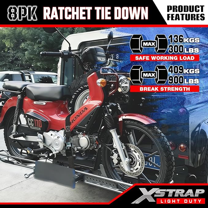 XSTRAP STANDARD 8-Pack Ratchet Tie Down Straps, 1" x 10ft, 900lb Break Strength Heavy Duty Straps for Motorcycles, ATVs, Lawn Equipment, Appliances & Truck Cargo - Black