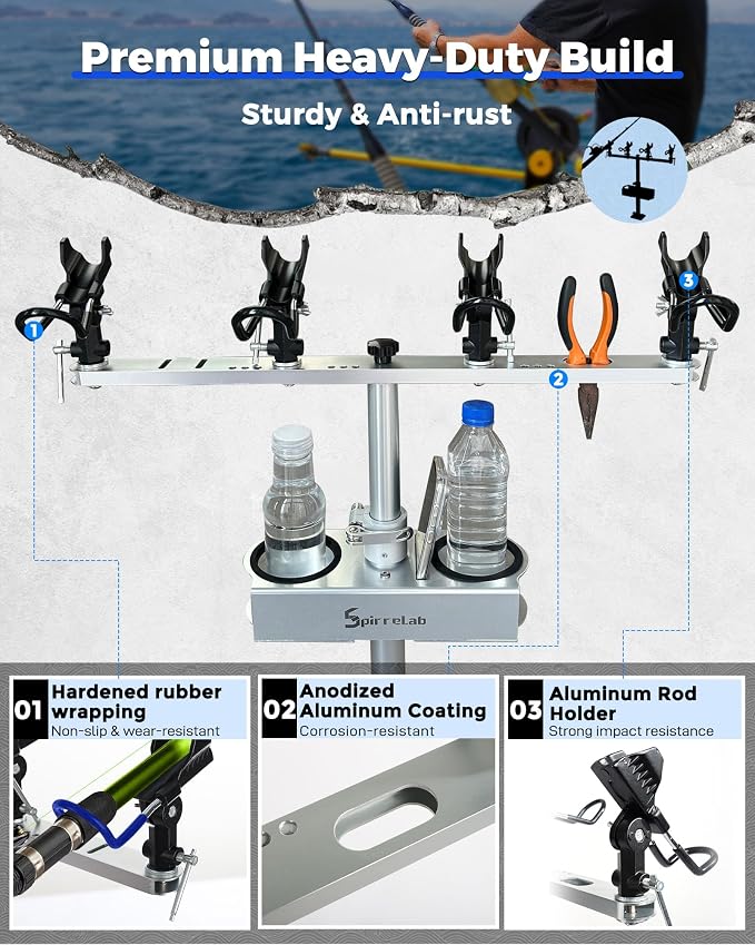 Spider Fishing Rod Holders for Boat, Aluminum Crappie Fishing Pole Mount, Adjustable Height & Angle, Boat Rod Rack for Spider Rigging