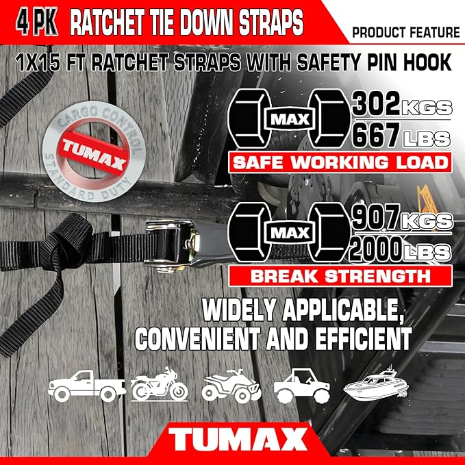 4-Pack Ratchet Straps, 15 FT Heavy Duty Tie Down Straps with 2000 LBs Break Strength, Ergonomic Rubber Handle & 4 Soft Loops, Cargo Straps for Motorcycle, ATV, UTV, Trailer & Moving - Black