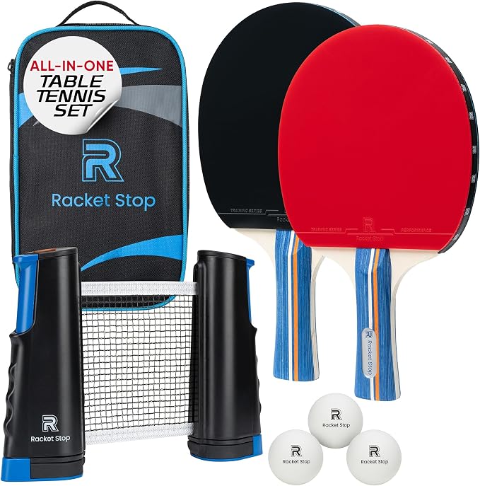 Velocity Table Tennis Paddle Set – 2 Ping Pong Rackets with ITTF-Approved Rubber, Retractable Net System, 3-Star Balls & Carry Case for Indoor & Outdoor Games and Travel Play