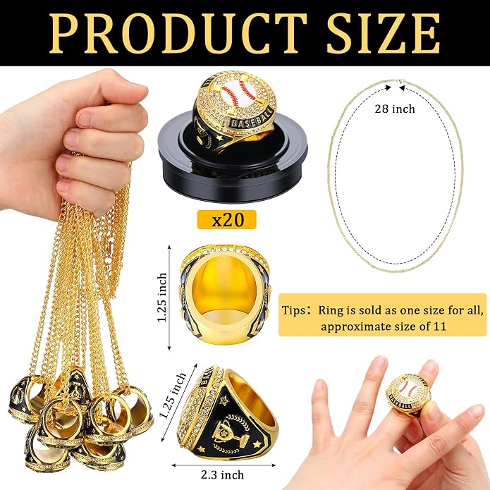 Highergo 20 Pcs Baseball Softball Basketball Football Champion Rings with Display Neck Chain and Stand Volleyball Soccer Cheer Trophy Rings Bulk for Tournament Award Gift