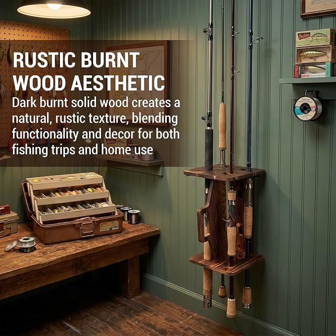 MyGift Rustic Dark Burnt Solid Wood Portable Fishing Rod Rack — Carry & Display Fishing Pole Storage Holder, Wall-Mounted or Freestanding Organizer for Rods & Reels