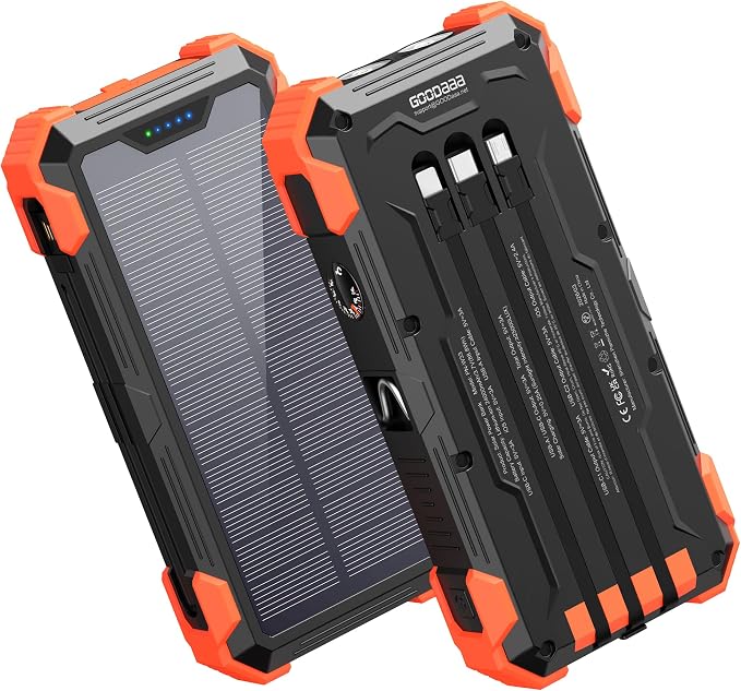 GOODaaa Solar Power Bank 24000mAh, Portable Charger with 4 Built-in Cables, 15W Fast Charging 5 Outputs 2 Inputs Battery Pack, Thermometer & SOS Flashlight for iPhone 17/16, Samsung, All Cell Phones