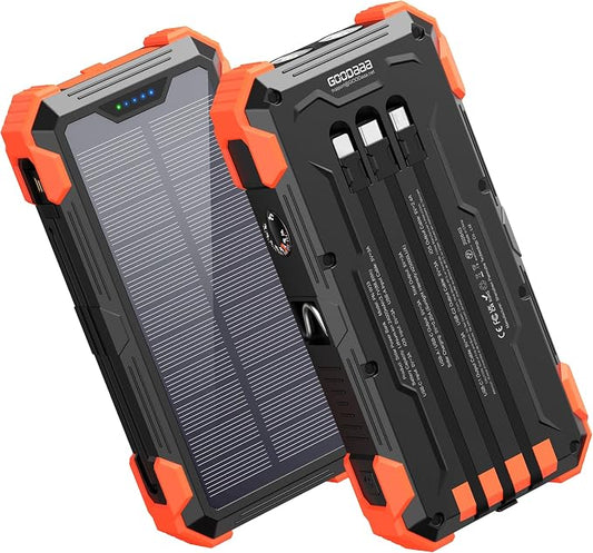GOODaaa Solar Power Bank 24000mAh, Portable Charger with 4 Built-in Cables, 15W Fast Charging 5 Outputs 2 Inputs Battery Pack, Thermometer & SOS Flashlight for iPhone 17/16, Samsung, All Cell Phones