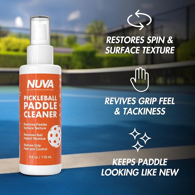 Nuva Pickleball Cleaner Spray for Paddle & Grip Tape, Removes Ball Residue, Sweat & Grime, Restores Tackiness, Spin & Control, Pickleball Accessories for Men and Women, Made in USA (4oz)
