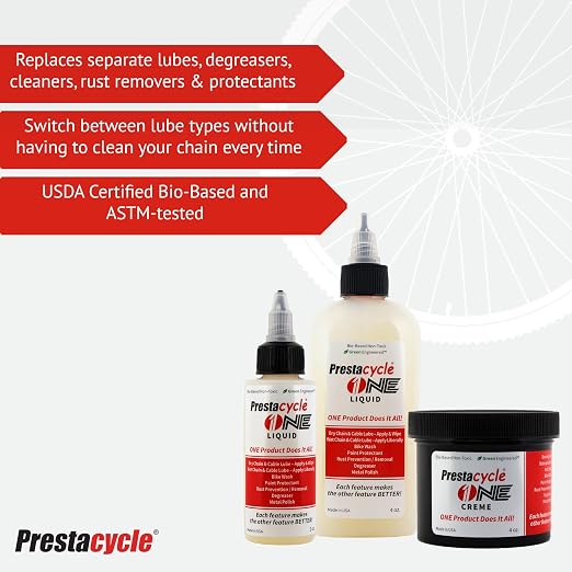 Prestacycle One Cream – Bio-Based Bicycle Chain Lube & Cleaner – 2-in-1 Wet & Dry Lubricant – Anti-Rust, Low Friction, Safe on Carbon, Paint & Bearings – Made in USA