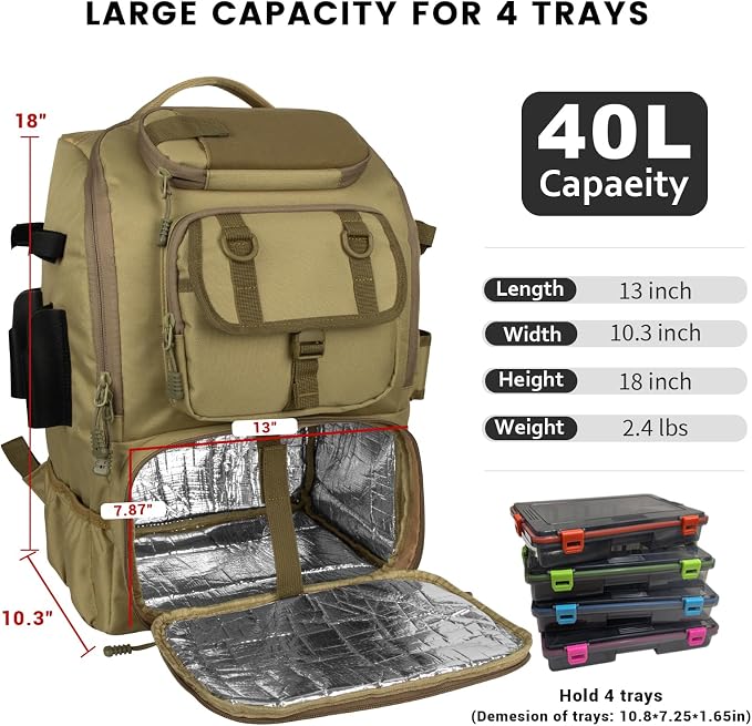 Hp hope Fishing Backpack with Rod Holders & Cooler, 40L Fishing Tackle Bag Fishing Tackle Storage Backpack Fishing Gear for Camping, Khaki