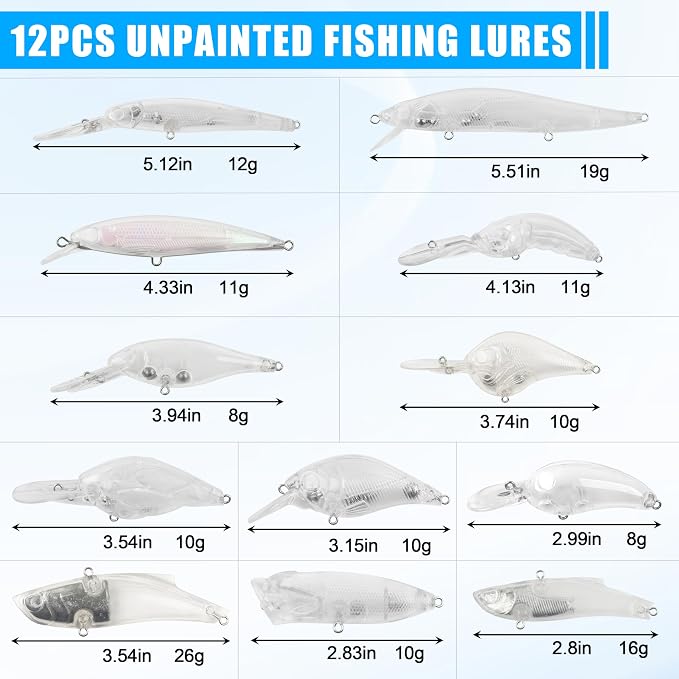 Unpainted Fishing Lures DIY Minnow Kit - 280/363pcs Blank Hard Crankbait Set Pliers Scissors,Treble Hooks,Split Rings,Stickers,3D Eyes for Making Lures DIY Fishing Tackle Kit