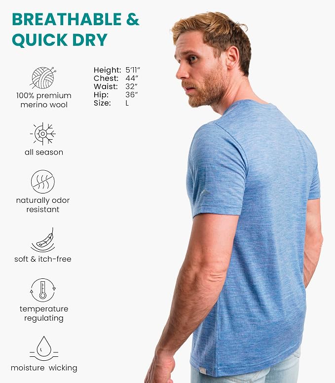 Merino Wool T-Shirt Mens - Merino Wool Undershirt Thermal Shirt for Men and Hiking Socks