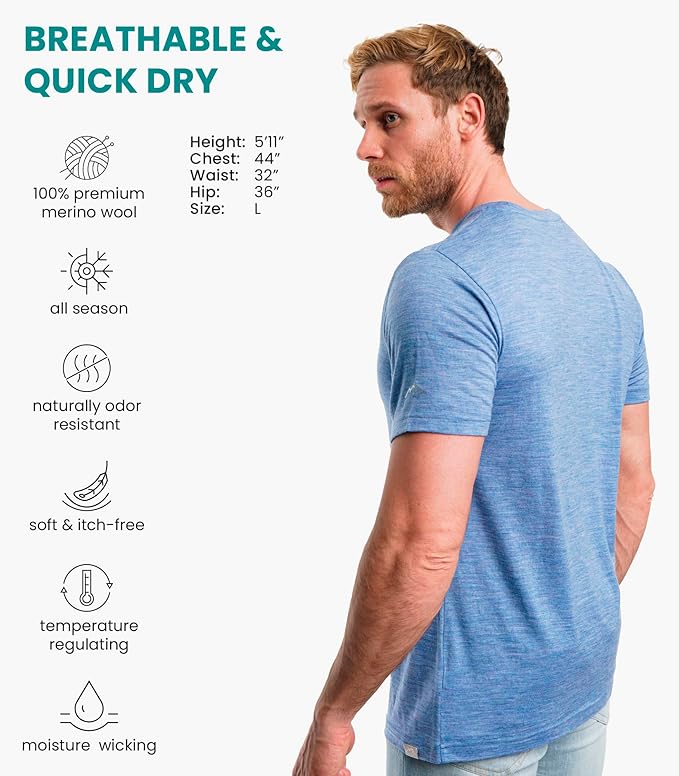 Merino Wool T-Shirt Mens - Merino Wool Undershirt Thermal Shirt for Men and Hiking Socks