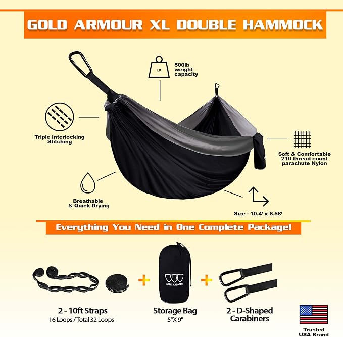 Gold Armour Camping Hammock - XL Double Hammock Portable Hammock Camping Accessories Gear for Outdoor Indoor with Tree Straps, USA Based Brand (Black and Gray)
