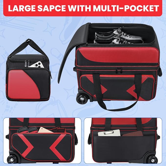 3 Ball Bowling Bag with Wheels, Rolling Bowling Bag 3 Ball Roller with Multi-pocket & Shoe Compartment (Up To US Men Size 16), 2 Ball Bowling Roller Bag PLUS 1 Ball Tote