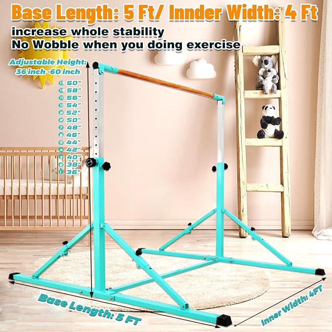 MARFULA 4FT/5FT Gymnastic Bar Set Gymnastics Kip Bar with 5 Ft Length 4Ft Inner Width 5ft Adjust Height Gymnastics Training Bar Equipment for Kids Professional Training Home and Club Use