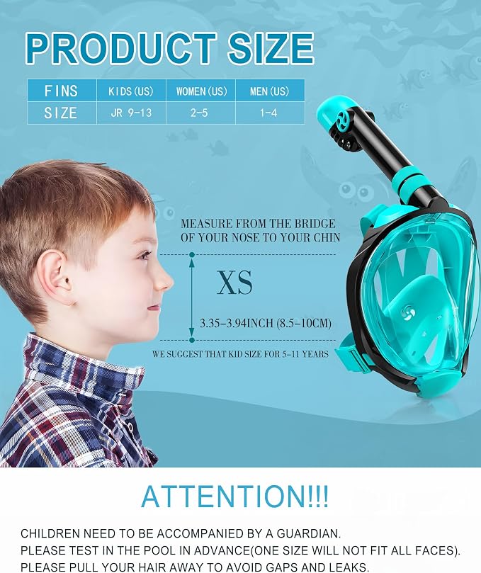 Viginsul Snorkeling Gear for Kids Teens, Full Face Snorkel Mask & Adjustable Swim Fins Snorkel Set, Panoramic View Snorkel Mask with Dry Top System & Gear Bag, Anti-Fog Anti-Leak