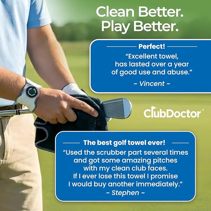 Scrub Doctor Golf Towel (Black) - Built-in Club Scrub Brush and Magnet - Clean Grooves - Magnetic for Strong Hold to Golf Carts or Clubs - Thick Premium Waffle Microfiber