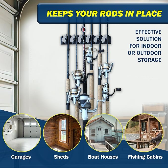 Rush Creek Creations Vertical Fishing Rod Holder, Wall Mounted Fishing Rod Rack, Holds up to 6, 12, 24 Rods or Combos, Fishing Rod Holders for Garage, Fits Most Rod Diameter 3-19mm (4)