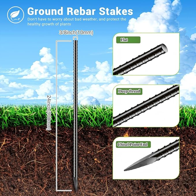 Jetec 12 Pcs 24 Inch Black Ground Rebar Stakes Heavy Duty Ground Anchors Steel Plant Support Garden Stake Long Straight Metal Spikes with Chisel Point End for Garden Concrete Plant Tent