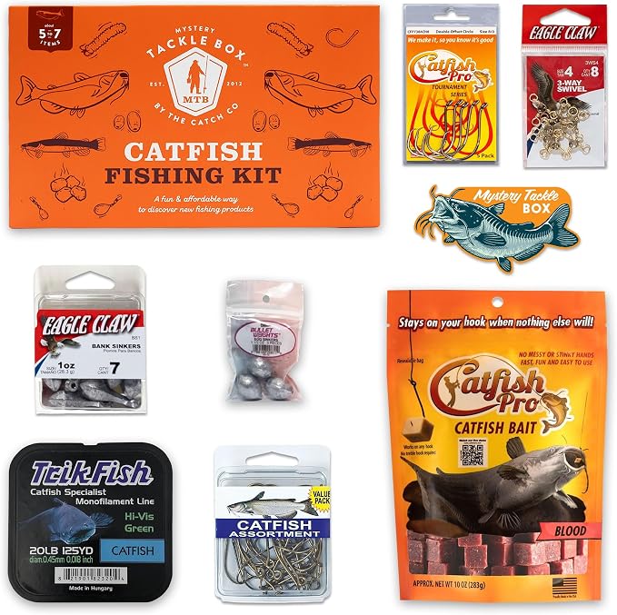 Catch Co Mystery Tackle Box Catfish Fishing Kit (5-7 Baits & Bonus Decal) | 5-7 Baits for Catfish - Includes Decal, Fishing Gifts, Fishing Gifts for Men