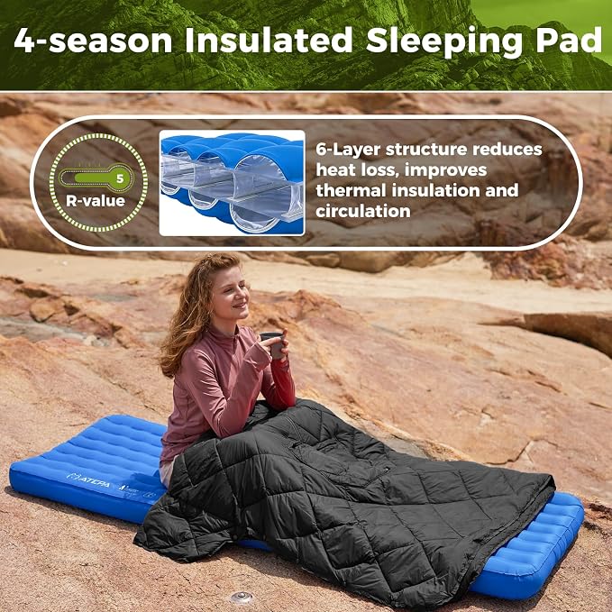 ATEPA ThermAir Pro 5 R-Value Insulated Sleeping Pad, Ultralight 4-Season Backpacking Air Mattress, 4” Thick Quiet Camping Sleeping Mat with Pump Sack, Wide Long 77”x25”
