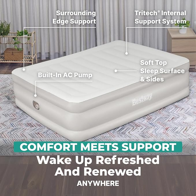 Bestway Tritech 20" Queen Air Mattress, Portable Queen Size Airbed with Contoured Comfort, Raised Sides, & Built-in AC Electric Air Pump, Warm Gray