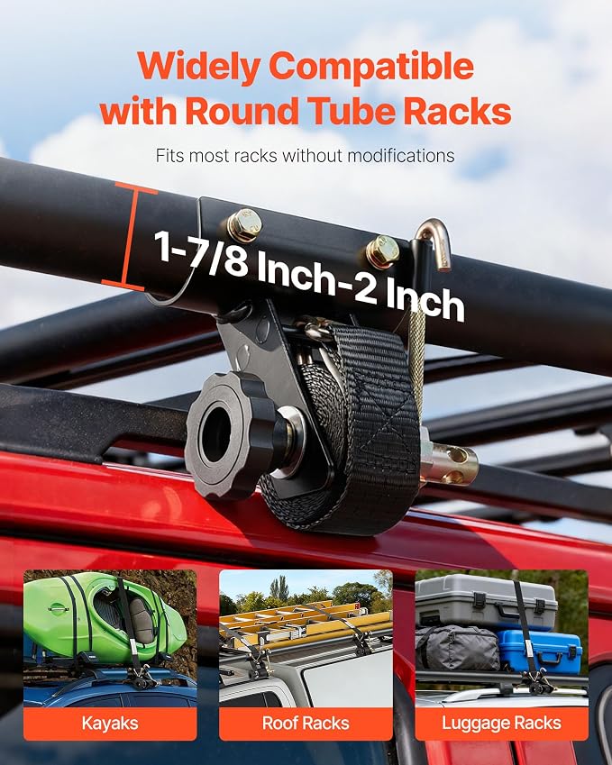 VEVOR Ladder Rack Ratchet Straps, 2'' Black Round Tube Mount, 1.5'' Wide x 7.5' Long Black Ladder Rack Straps with Double J-Hooks, 500 lbs Load Heavy Duty, Cargo Buckle Lock Strap (4 Pack)