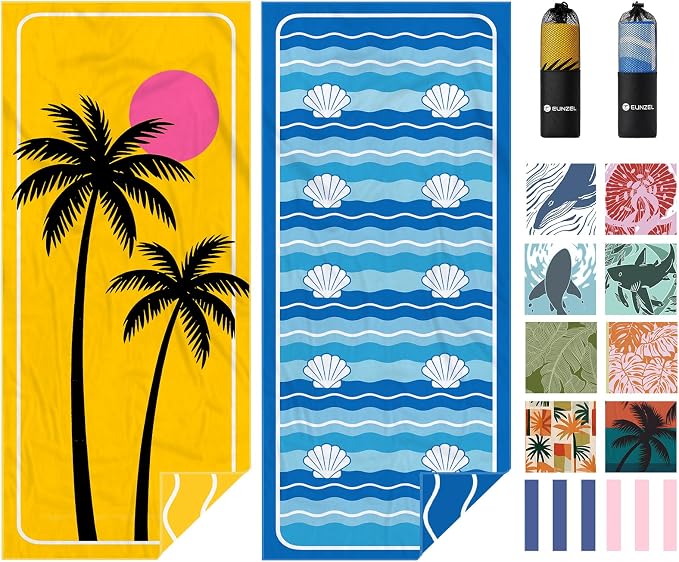 Eunzel 2 Pack Microfiber Beach Towel, Quick Dry Travel Towel Large Sand Free Towel for Beach, Camping, Swim Pool, Gym, Sports& Yoga 71"x32", Golden Coast/Azure Tide Set