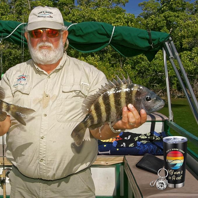 Hahafelt 5 Pcs Fishing Gifts for Men Sets Fishing Gifts Include Blanket 20 oz Stainless Steel Cup Socks Wallet Stainless Keychain for Who Love Fish Lover Dad Grandpa