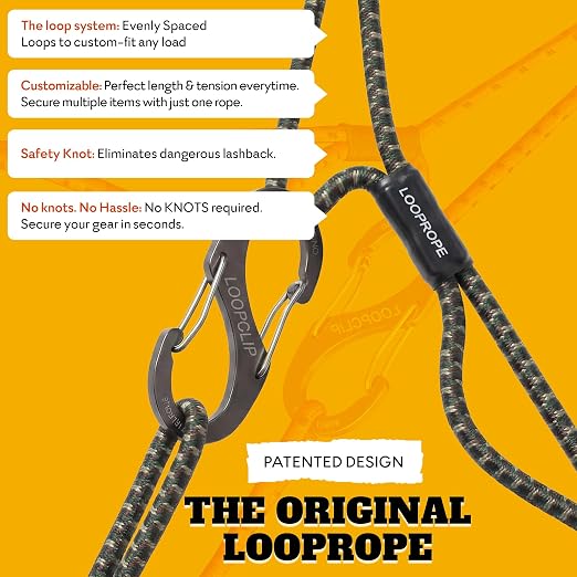 LoopRope Hunter Pack Heavy Duty Bungee Cord Set – Patented Adjustable Multi-Loop Tie Down System, Includes 3ft, 4ft & 5ft Ropes and 6 Carabiners for Camping, Trailer, ATV & More