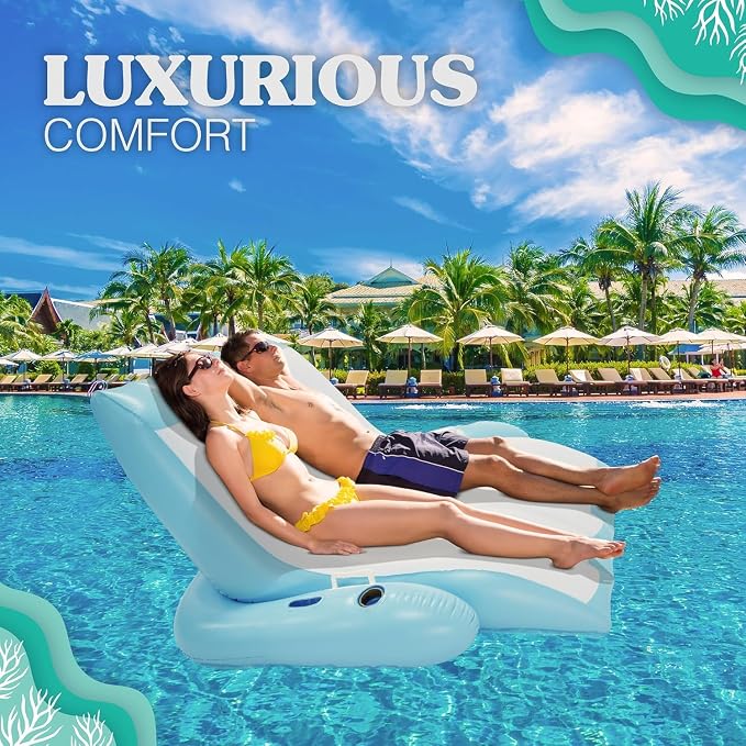 4E's Novelty Two Person Inflatable Pool Recliner Adult Pool Lounger Float with Cup Holder - Heavy Duty Lounger for Adults Floating Recliner Blow Up Floaties Water Floaty Lake Beach Tanning Float
