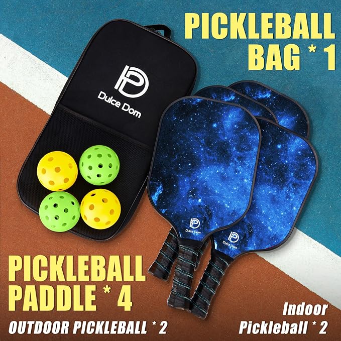 Dulce DOM Pickleball Paddles Set of 2/4 - USAPA Approved, 4 Indoor Outdoor Pickleball Balls, Fiberglass Surface Paddle Racket with Cover Bag, Ideal Training Equipment Gift for Men & Women
