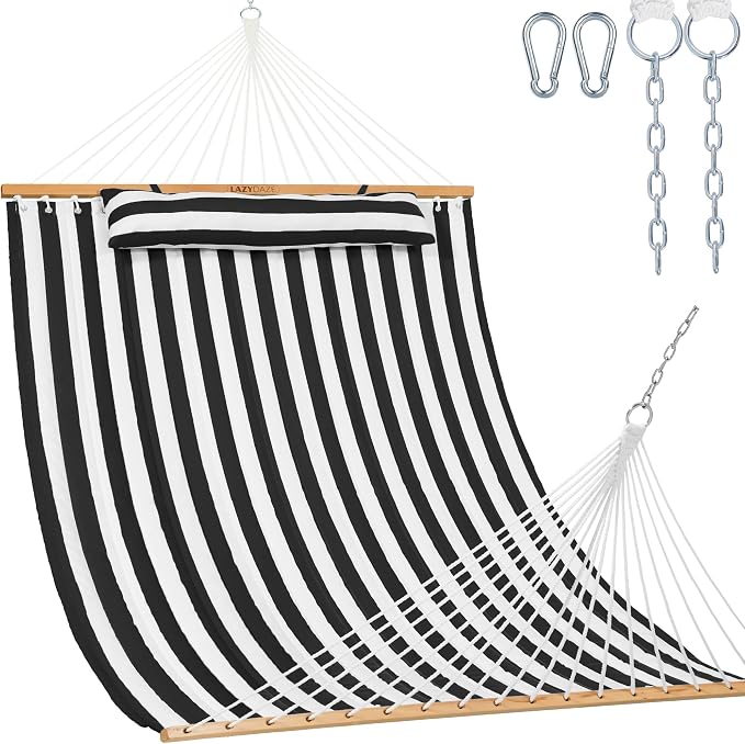 Lazy Daze Hammocks 12FT Quilted Fabric Double Hammock with Spreader Bars and Detachable Pillow, 2-Person for Outside Patio Poolside Backyard Beach, 450 lbs Capacity, Black White