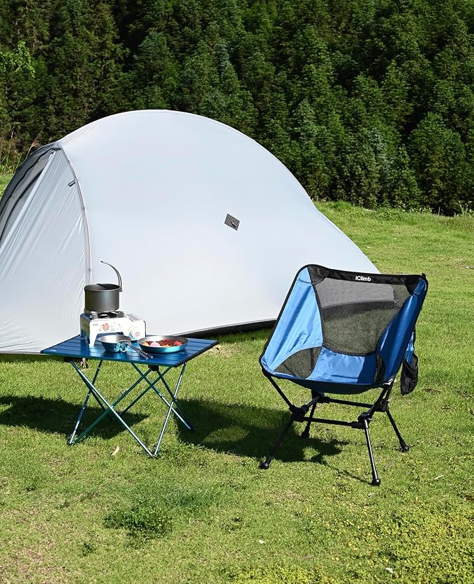 iClimb Ultralight Compact Camping Folding Beach Chair with Anti-Sinking Large Feet and Back Support Webbing (Blue - Square Frame - 2PC)