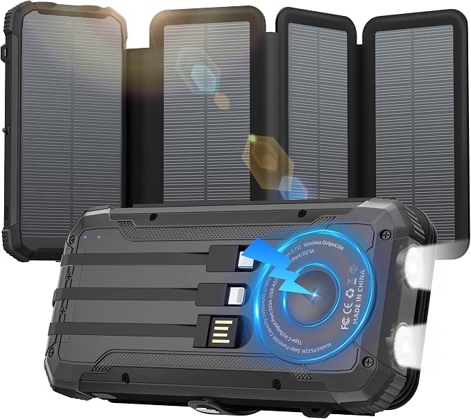 Power Bank 2 Pack, Portable Wireless Charger +Solar Battery Pack with 4 Built-in Cables & 4 Foldable Panels for Outdoor Camping