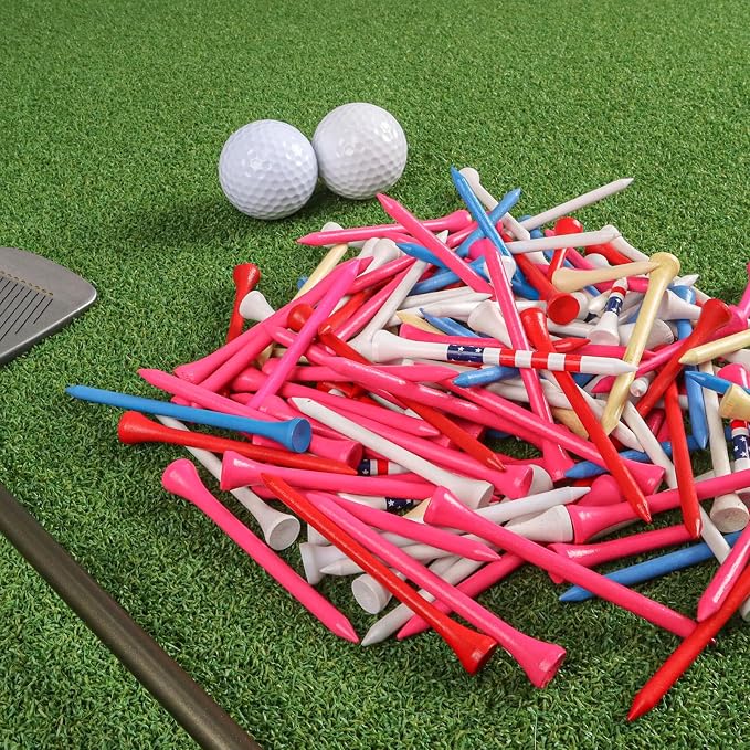 FINGER TEN Bamboo Golf Tees Wood 1 1/2 2 3/4 3 1/4 Inch Wooden Short Long Tee Color Bulk 250/500/1000/2000 Count for Men Women Kids in Red Pink USA Flag