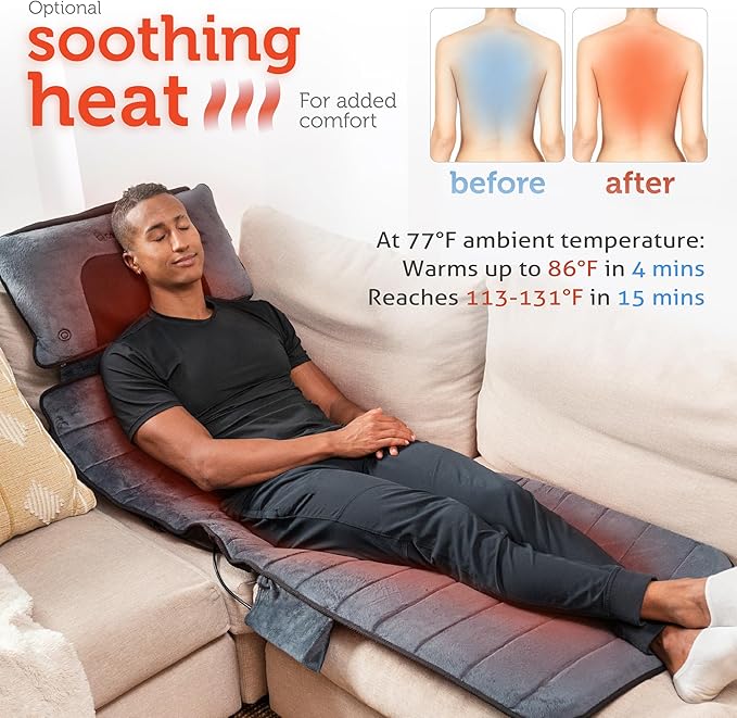 COMFIER Full Body Massage Mat with Movable Neck Pillow, Shiatsu Back Massager with 10 Vibrating Motors & 4 Heat Levels, Massage Pad, Gift for Women Man