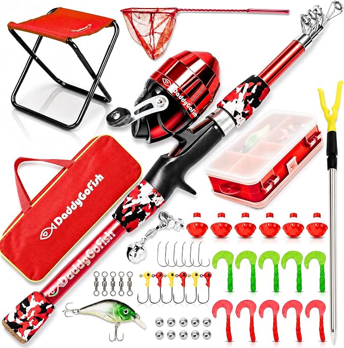 DaddyGoFish Kids Fishing Pole - Rod Reel Combo Tackle Box Starter Set - First Year Small Dock Gear Kit for Boys Girls Toddler Youth Age Beginner Little Children Junior Anglers