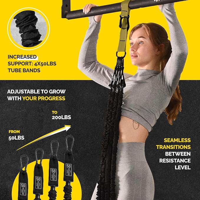 Pull Up Assistance Bands - 4 Heavy Duty Pull Up Bands with Adjustable Strap and Foot Rest - Stackable Pull Up Assist Band Set for Pull Up Bar - Resistance Bands for Pull Ups Chin Ups Strength Training