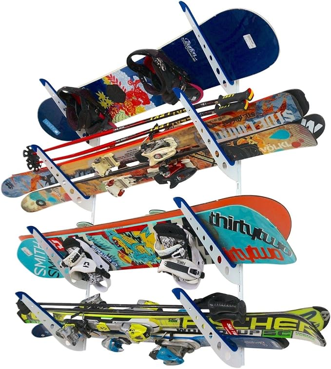 StoreYourBoard Ski & Snowboard Rack, Adjustable Wall Mount Rack Storage System for 4 Boards, Heavy-Duty Garage Wall Organizer for Ski & Snowboards (Snowboard - White)
