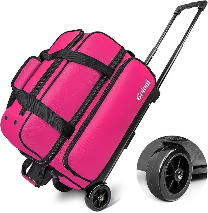 Goloni Double Roller 2 Ball Bowling Bag with Separate Shoe Compartment,2 Ball Bowling Bag with Wheels,Retractable Handle Extends to 40"