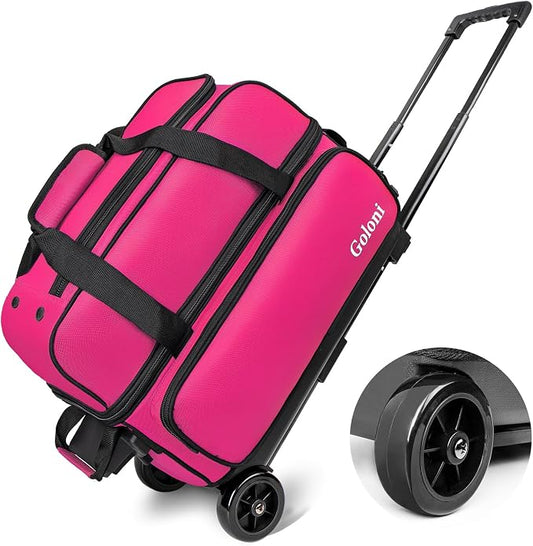 Goloni Double Roller 2 Ball Bowling Bag with Separate Shoe Compartment,2 Ball Bowling Bag with Wheels,Retractable Handle Extends to 40"