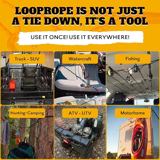 LoopRope Hunter Pack Heavy Duty Bungee Cord Set – Patented Adjustable Multi-Loop Tie Down System, Includes 3ft, 4ft & 5ft Ropes and 6 Carabiners for Camping, Trailer, ATV & More