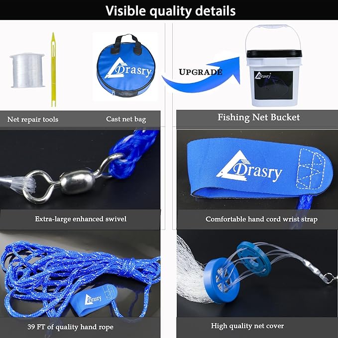 Drasry Saltwater Fishing Cast Net for Bait 3/8 1/4 or 1/2 with Heavy Sinkers Fish Trap Throw Net. Size 3ft/4ft/5ft/6ft/7ft/8ft/9ft/10ft Radius Freshwater Nets