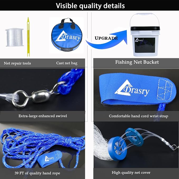 Drasry Saltwater Fishing Cast Net for Bait 3/8 1/4 or 1/2 with Heavy Sinkers Fish Trap Throw Net. Size 3ft/4ft/5ft/6ft/7ft/8ft/9ft/10ft Radius Freshwater Nets