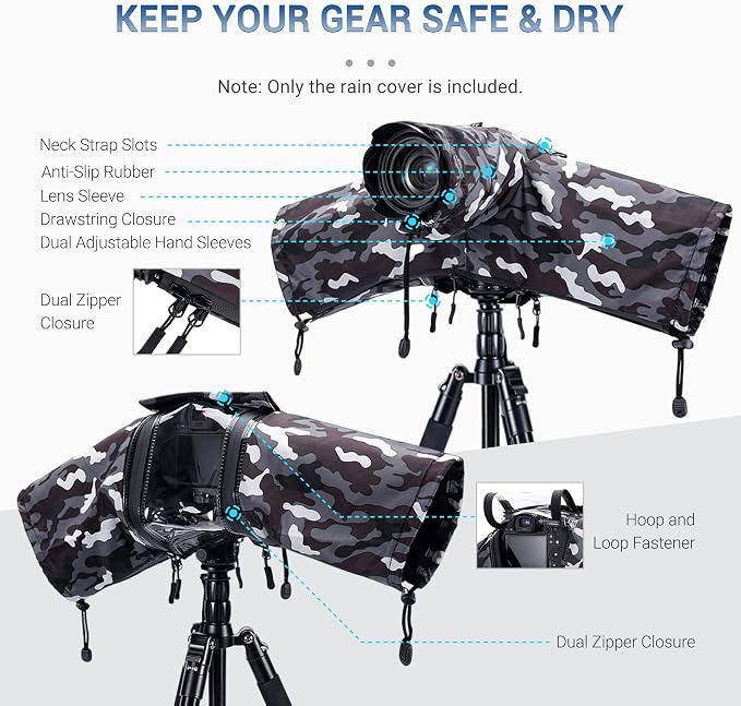 JJC Camera Rain Cover Sleeve for Canon Nikon Sony Fujifilm Mirrorless Camera with Lens Below 7.1x5.5x9.1” (WxHxD), Nylon Camera Rain Coat Protector with Zippered See Through Windows-Camouflage Gray