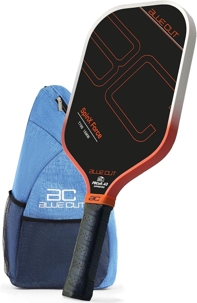 Blue Cut Pickleball Paddle – USAPA Approved Pickleball Paddles Racket with T700 Carbon Fiber, 16mm Honeycomb Core, Spin Surface, Pro Power Speed & Control – Includes Carry Bag