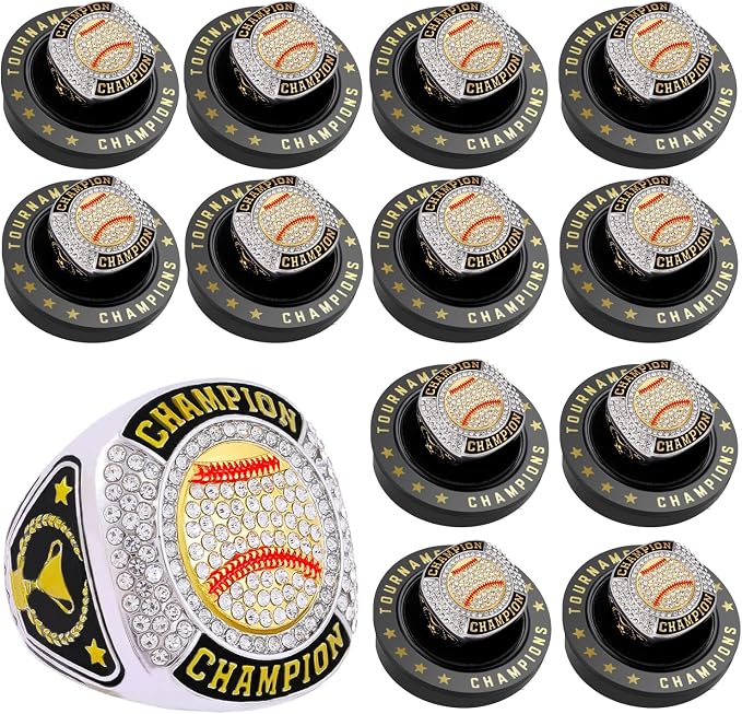 12 Pcs Baseball Ring Softball Baseball Championship Ring Sport Ball Trophy Award Gift with Display Neck Chain and Stand for Tournament or League Champion Winner