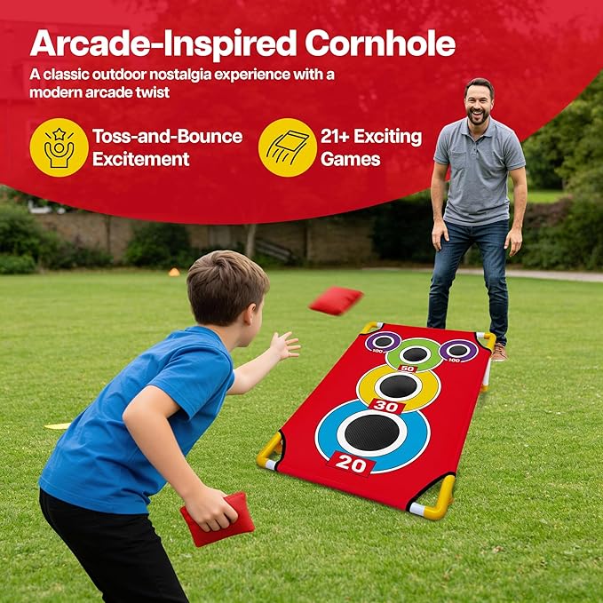 Cornhole Board with 21+ Games, 8 Bean Bags - Arcade Style Corn Hole Games for Adults and Kids, Portable Outdoor Yard Games for Kids & Family, Beach, Camping and Parties, 24x36